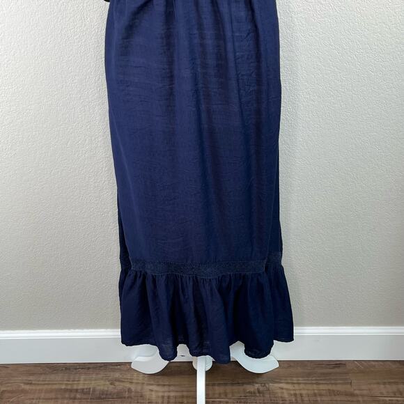 Lush Navy Blue Lace Trim Gauze V-Neck High-Low Sleeveless Midi Dress Large - Picture 8 of 14